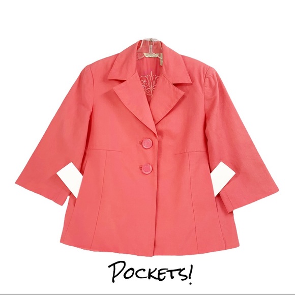 Cotton Silk Linen Blend Woman’s Blazer Coral Color by Trevan Warm Weather Blazer - Picture 10 of 16